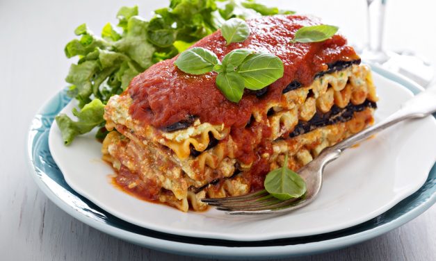 VOLUPTUOUS ROASTED VEGETABLE VEGAN LASAGNA WITH PUTTANESCA SAUCE