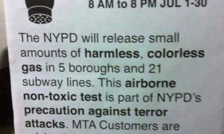 WPIX: Dept of Homeland Security releasing “harmless gas” in NYC subway system to prepare for possible attack