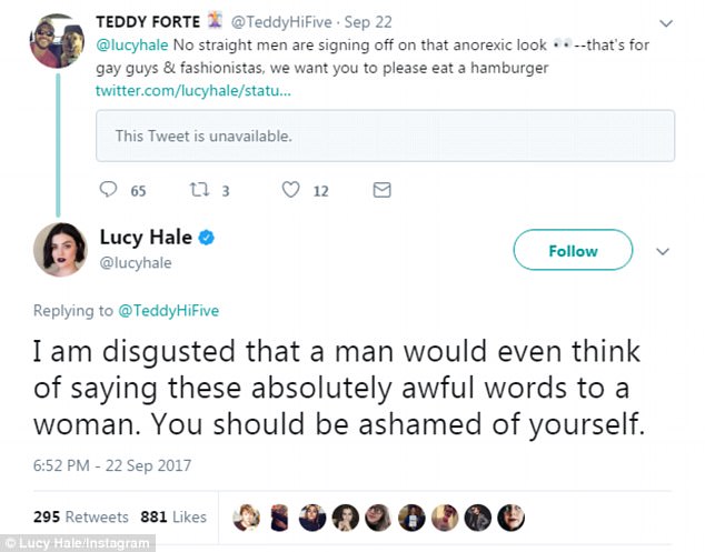 Lucy Hale slams ‘disgusting’ male Twitter troll who called her ‘anorexic’ and asked her to ‘eat a hamburger’