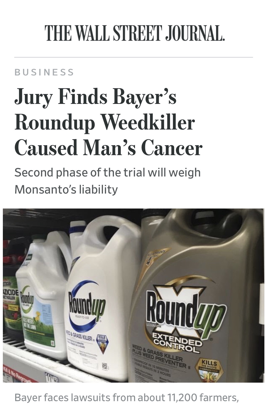 WSJ: Jury Finds Bayer’s Roundup Weedkiller Caused Man’s Cancer (Thanks RFK Jr)